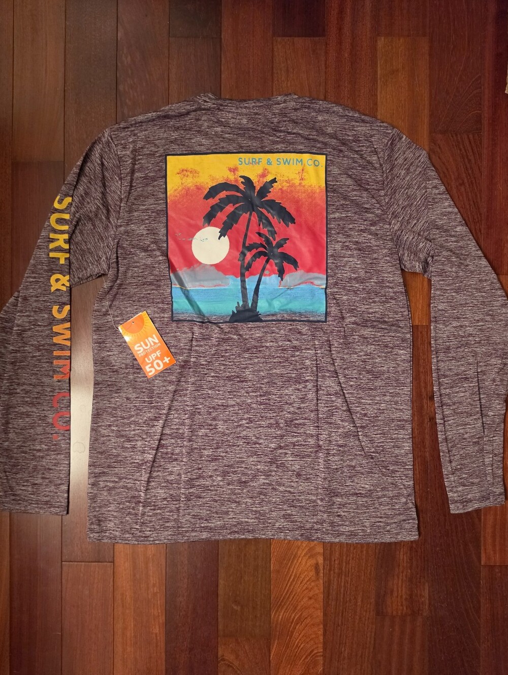 Surf And Swim Co Heathered Maroon Graphic Long Sleeve Performance Tee UPF50+ Nwt - Picture 3 of 6